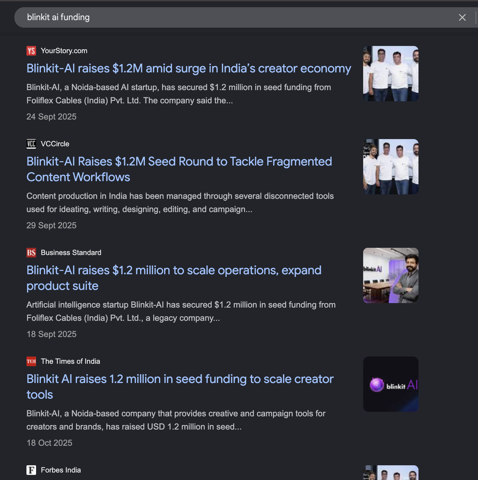 Google results for blinkit ai funding, YourStory, VCCircle, Business Standard, Times of India