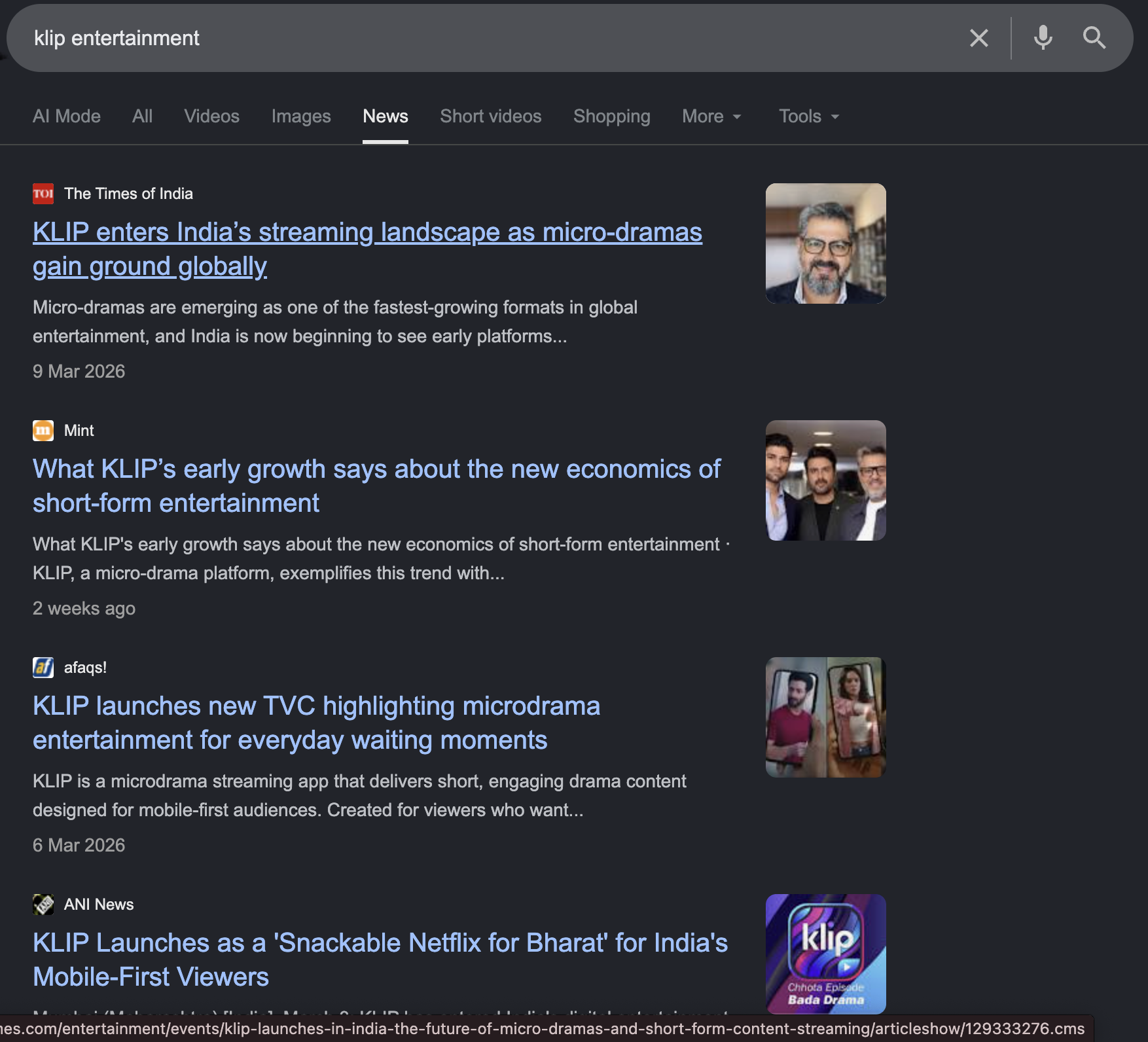 Google results for klip entertainment, Times of India, Mint, afaqs!, ANI News